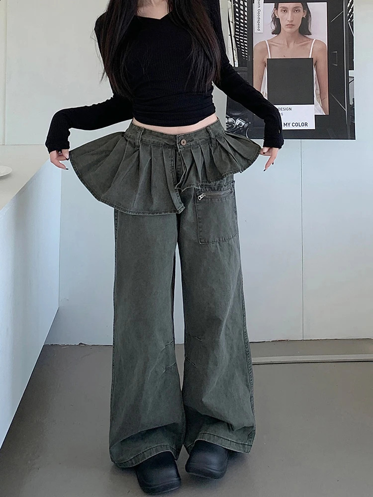 Korean retro high waisted pleated leather case wide leg Trouser Y2K womens bagged denim pants 250317