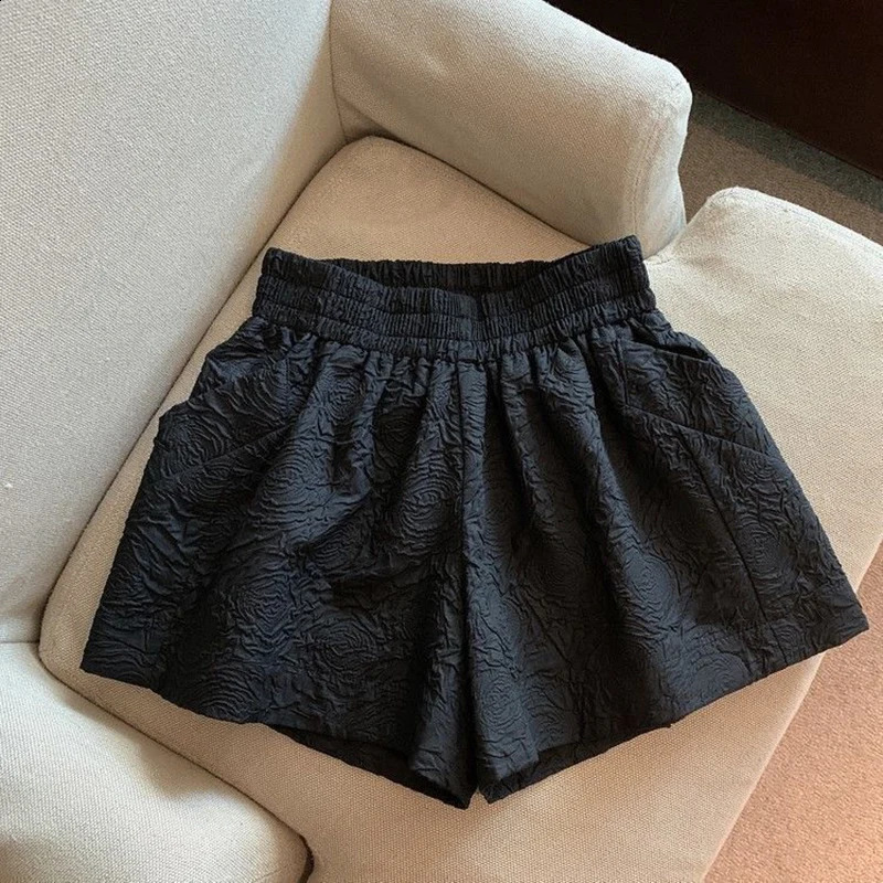 Womens Casual Wide Leg Shorts Vintage Black White Jacquard Shorts Female Korean Chic Elastic High Waist Streetwear Short Pants 250319