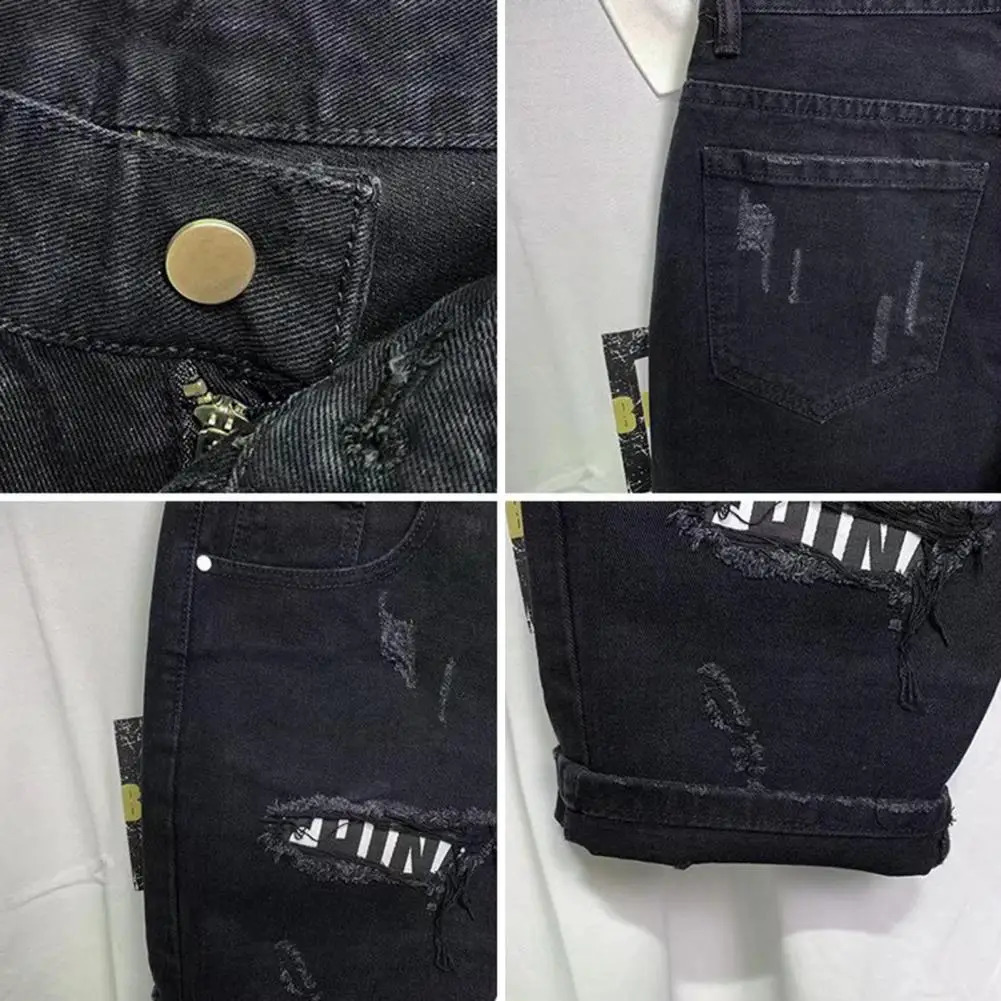 Summer mens torn patch denim shorts with straight button zipper pockets short sleeves long 250317