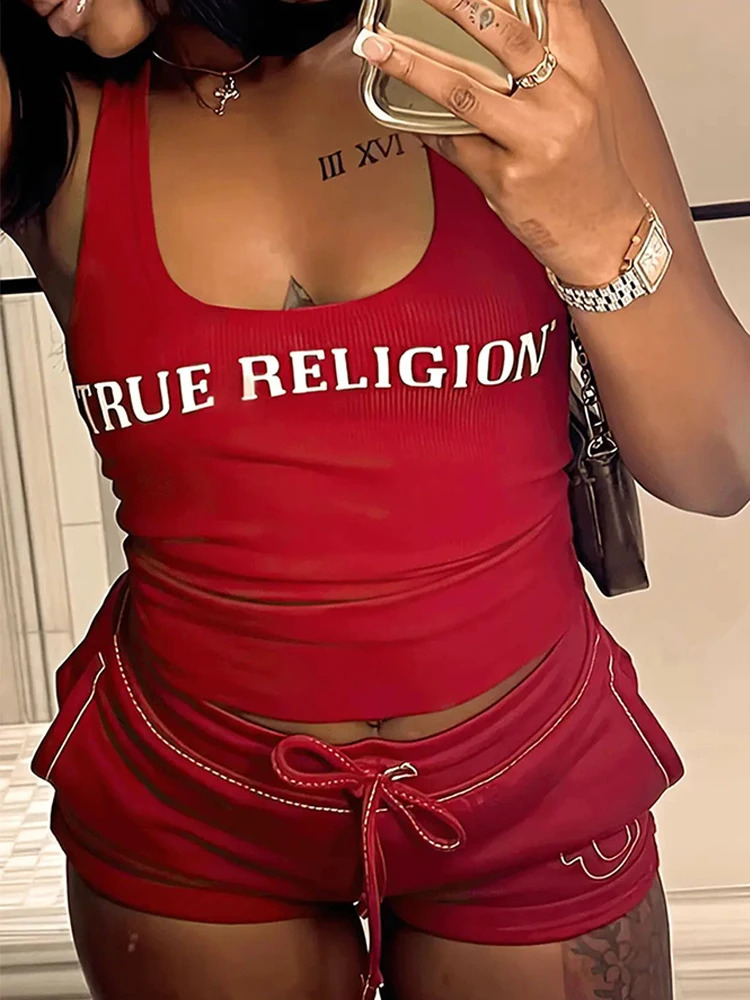 Crop top summer ribbed 2-piece pants set womens Y2K streetwear sexy club graphic cut shirt 2-piece shorts set 250318