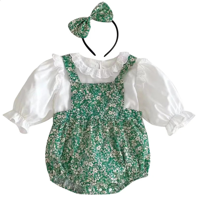 Autumn Baby Girl 2PCS Clothing Set Cotton Lace Collar Solid Shirt Green Leaf Printed jumpsuit Preschool 250319