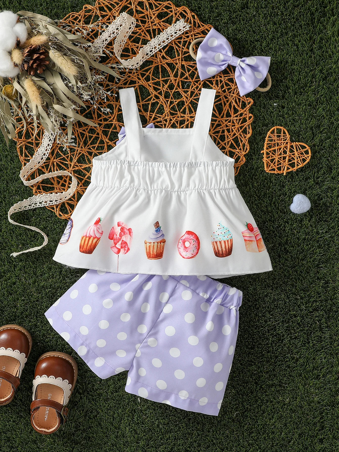3 cute girls printed sleeveless vests for summer paired with a butterfly bow casual pants set and headband 250319