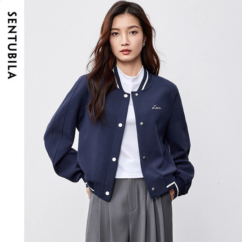 SENTUBILA Womens Cotton Baseball Jacket Spring Fashion Preparatory Style Splicing Letter y Loose Fit Coats 151058758 250317