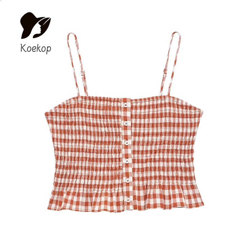 Koekop womens fashionable checkered shorts backless top and retro casual high waisted chic temperature maze skiing 250318