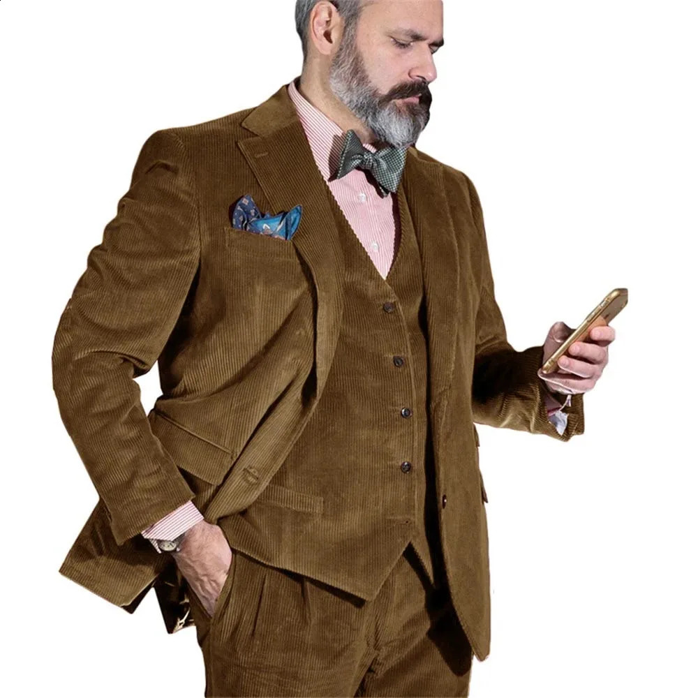 Elegant Men Suit Sets Fashion Corduroy Blazer Vest Pants 3 Pieces Wedding Party Groomsman Tailormade Slim Fit Formal Costumes 250311