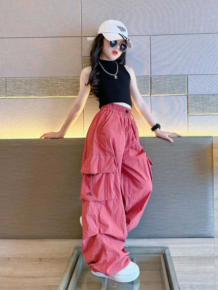 5-14Y childrens hip-hop jogging pants girls cargo pants teenagers straight three person high waist retro casual street bag pantsT250318