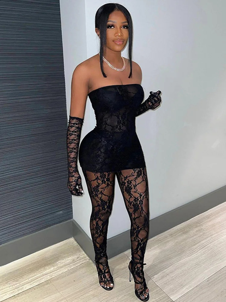 Weird Puss Sexy Lace Women 2Piece Set Tube DressSee Through Stockings Coquette Girls Club Nightout Party Matching Outfits 250319