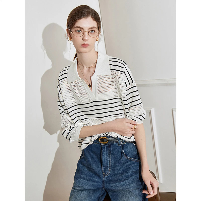 TOYOUTH Women Knitwear 2025 Spring POLO Collar Hollow Black and White Striped Weaving Casual Versatile Pullover Tops 250318