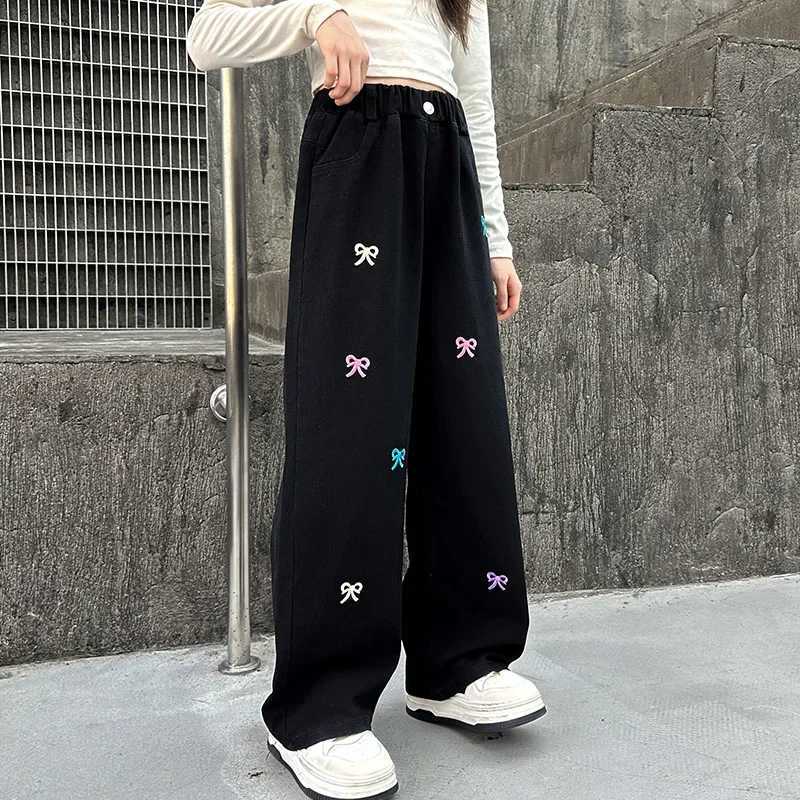 Girls retro black embroidered bow embroidered wide-legged trousers high waist straight tube show thin floor pants 5-14 years oldT250318
