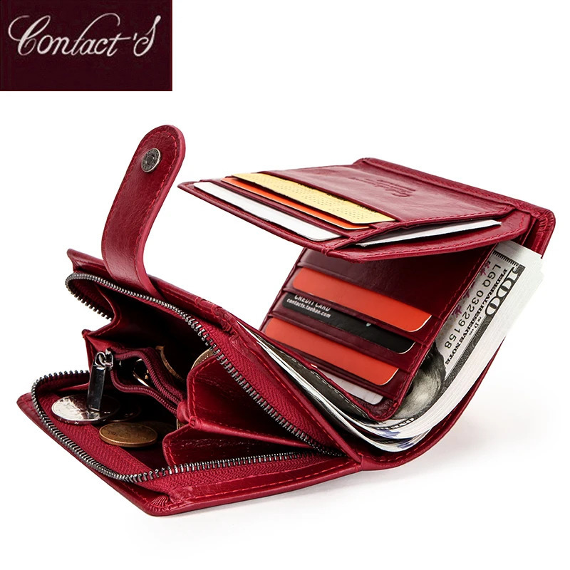 Contacts Genuine Leather Wallets Womens Wallet Mini RFID Block Card Clip Wallet Womens Red Coin Wallet 250318
