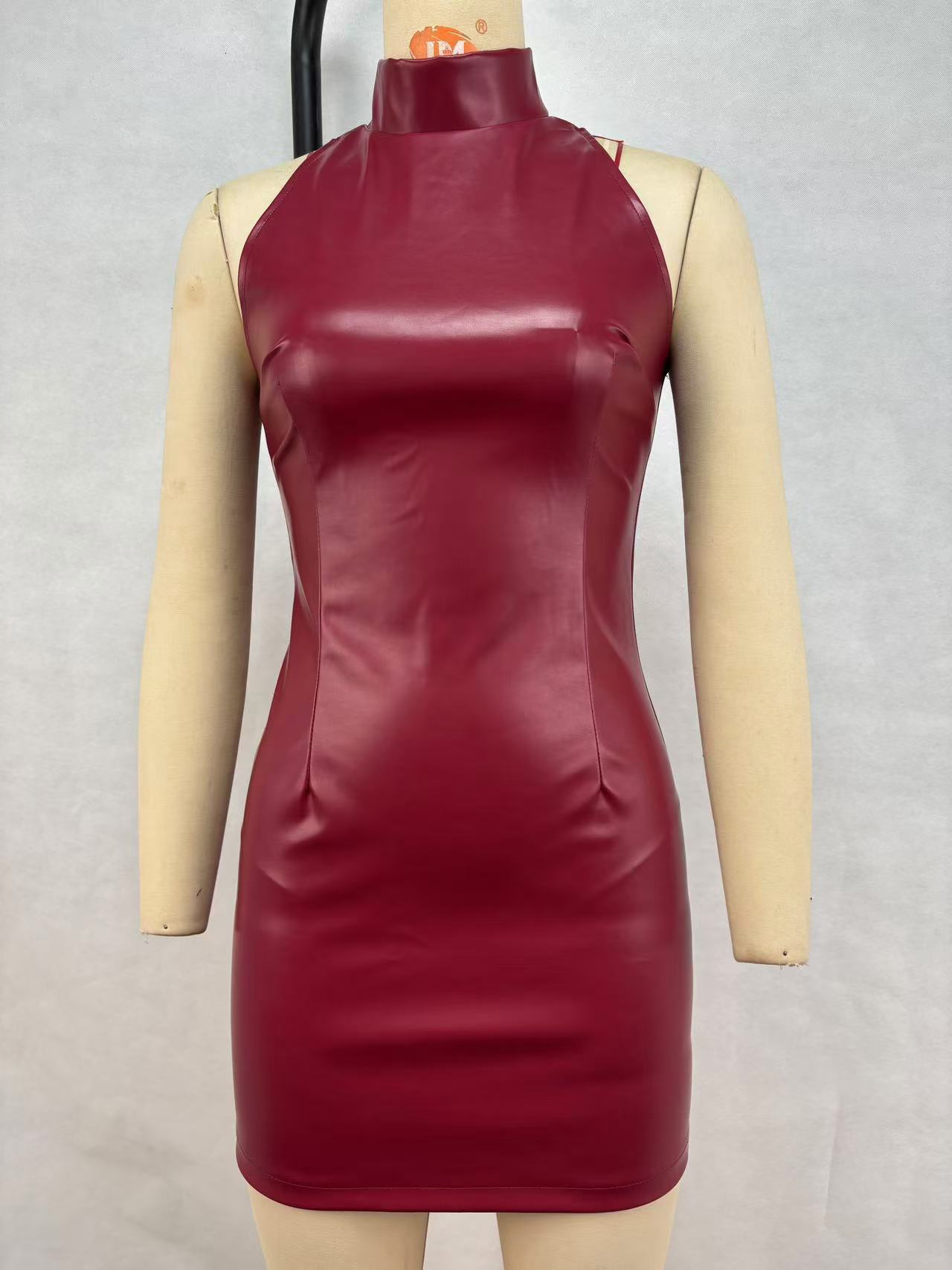 Women's 2024 Fashion Slimming Dress Autumn/Winter PU Leather Mini Skirt Nightclub Solid Color