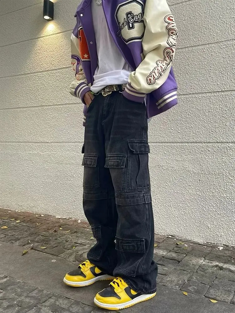 Cyber Y2K Streetwear Multi Pocket Jeans Mens Cargo Pants 90S Retro Clothing Laundry Black Cotton Pants 250317