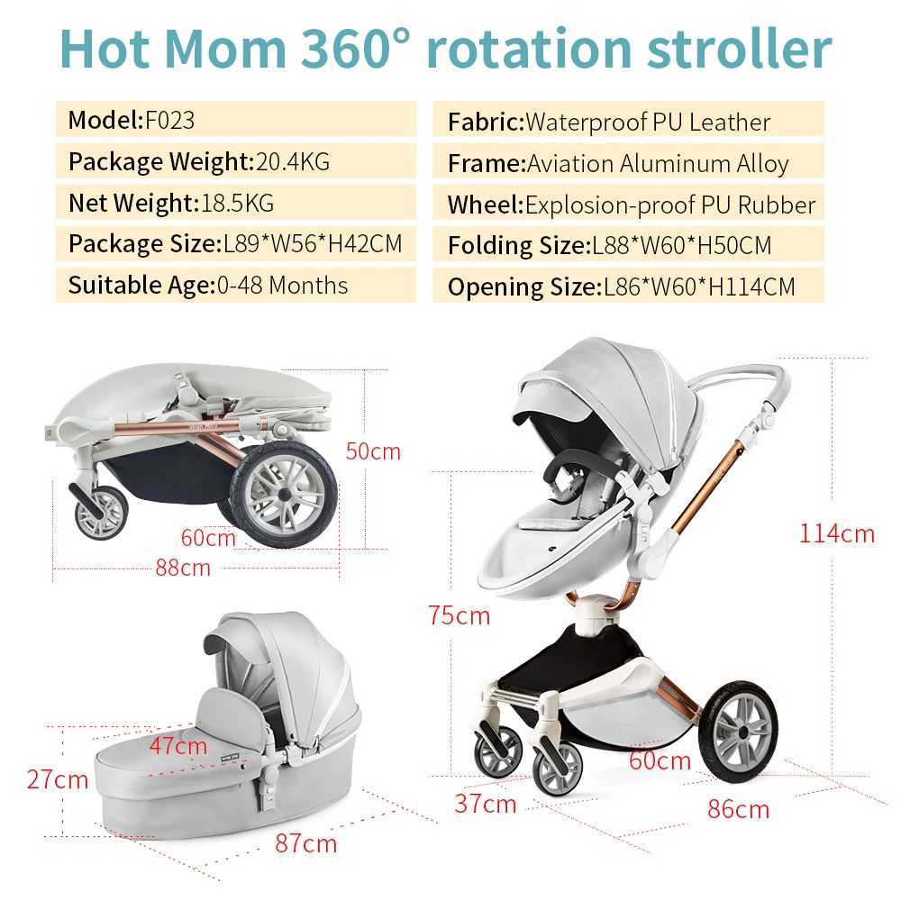 Hot Mom F023 Baby Stroller 2 in 1Rotates 360 DegreesPU Leather Mosquito Net Rain Cover Adapter Cup Holder large wheels Z250319