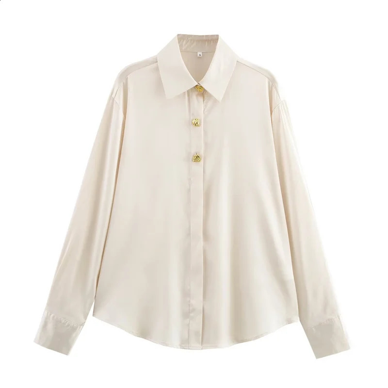 Womens pure satin shirt with gold buttons long sleeved loose top 250319