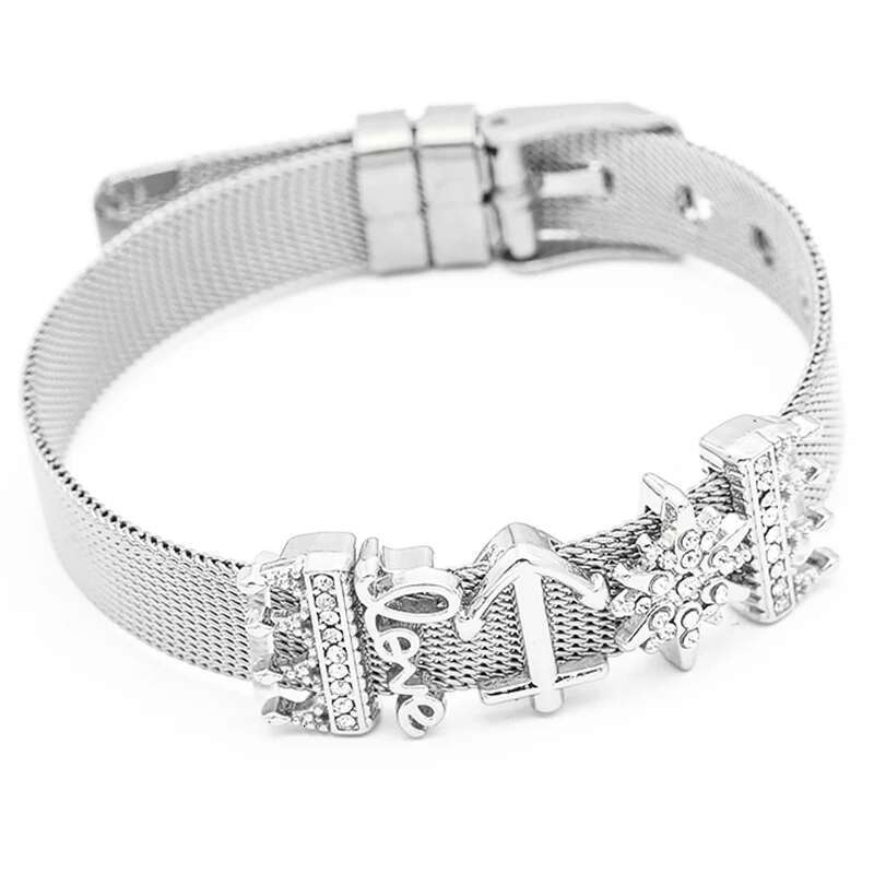 Jewelry Silver Color Stainless Steel Mesh Bracelets Bangles with Love Heart Slide Charms Bracelets for Women Lover Gift