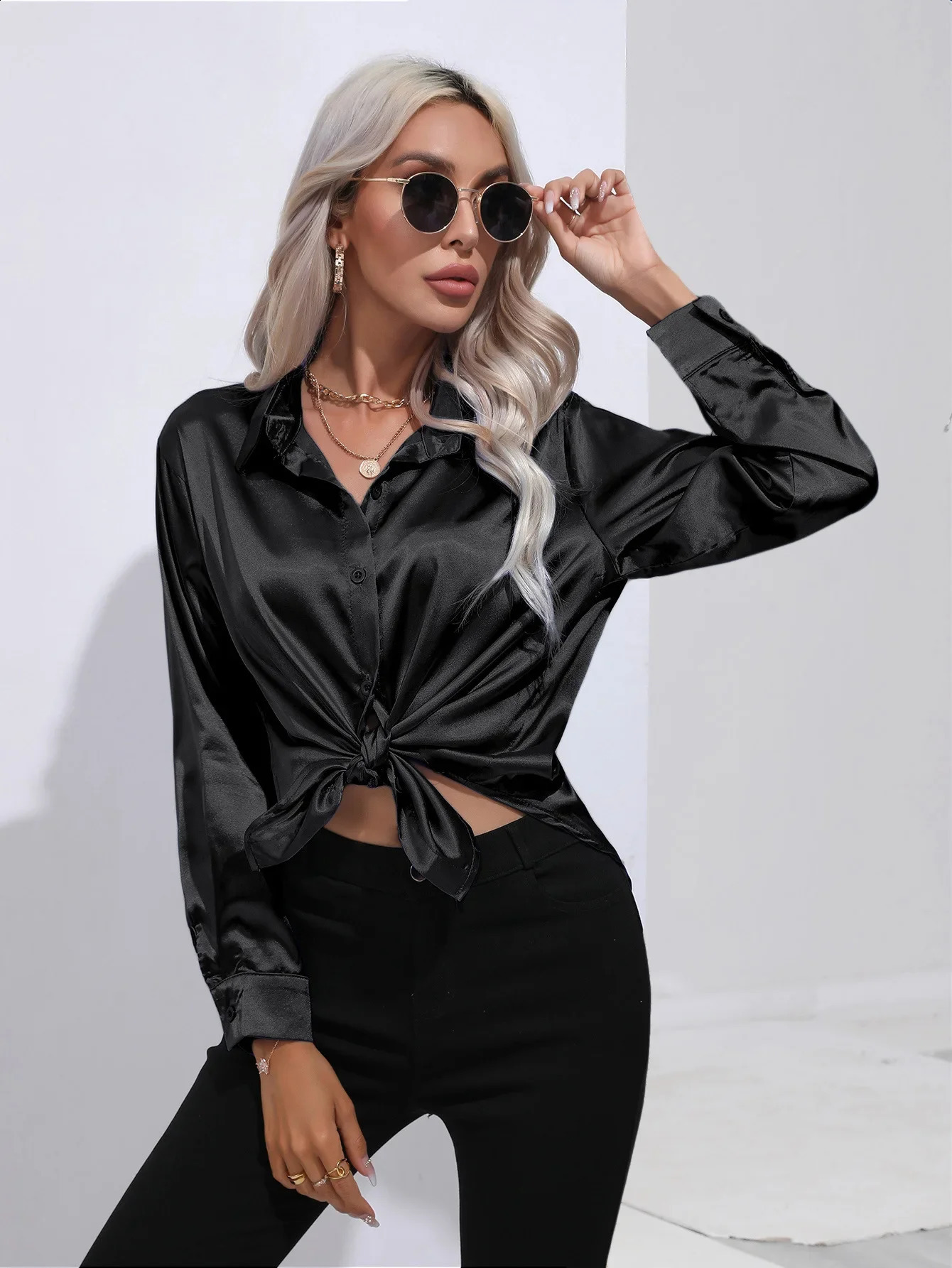 2024 Womens Fashion Trends Elegant Shirt Satin Silk Long Sleeve Summer 250319
