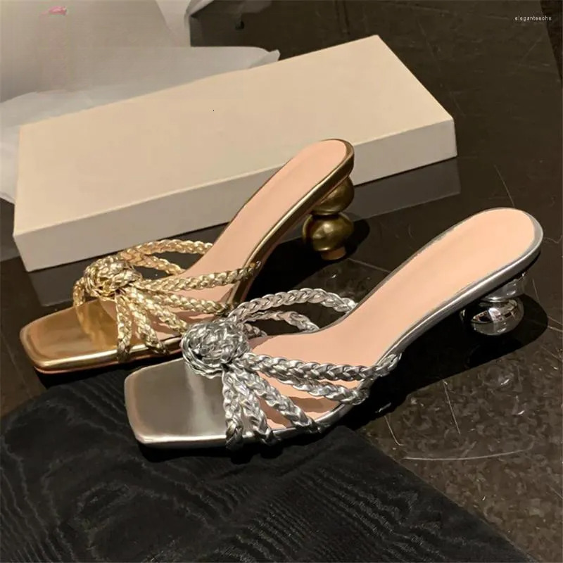 2025 S Fashion Designer Sandals Aucegi Summer Novelty Slipper Women Strange Style Round High Heels Square Toe Dress Banquet Shoes