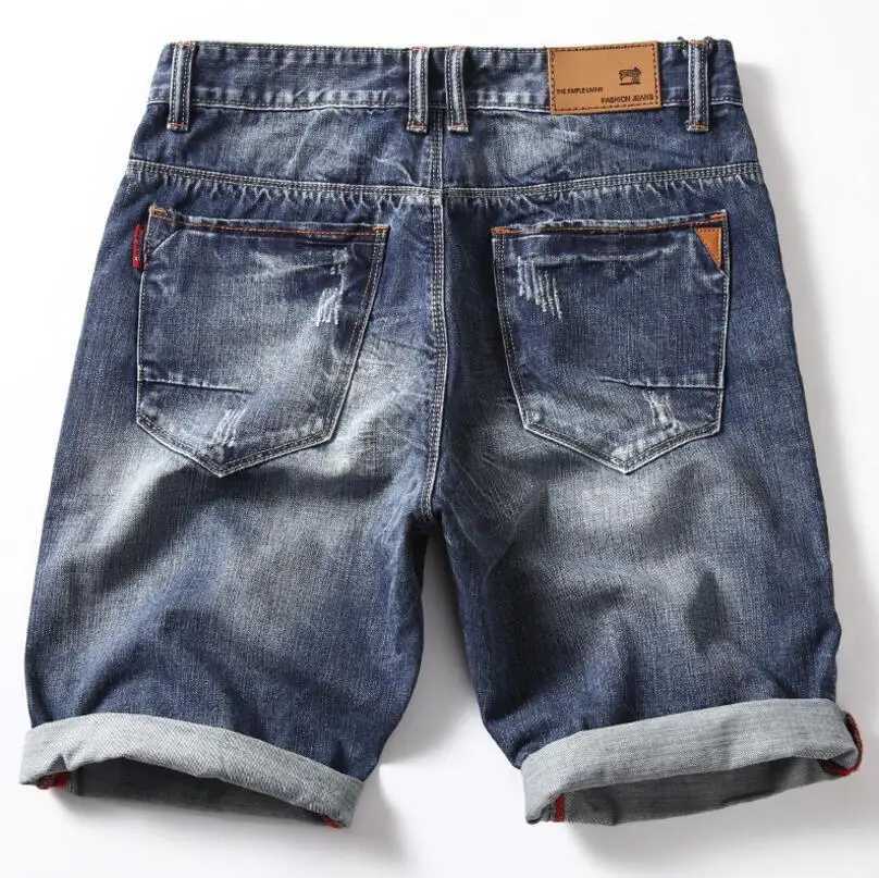 Mens blue stretch denim shorts paired with high-quality stretch casual denim jeans new summer shorts size 42 W250319