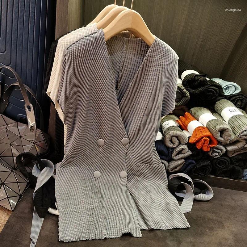 Women's Vests Miyake Pleated Jacket Premium Feeling Button Pleat Top Peplum Loose Slim Short Sleeve Fold Women 2025 Summer