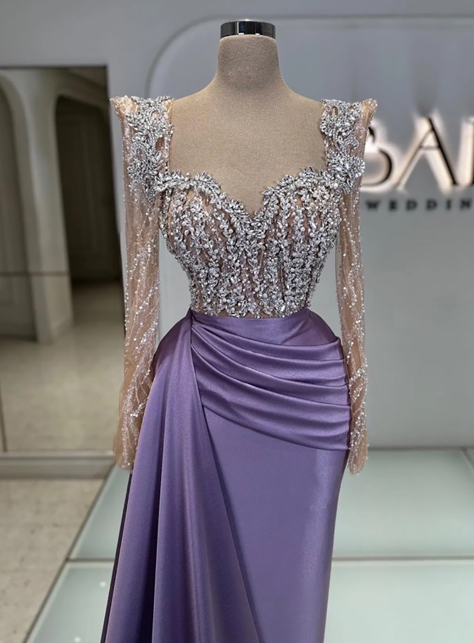 Evening Dresses Party Prom Gown Graduation Homecoming Cocktail Formal Trumpet Sweep Train Plus Size Custom Long Sleeve Pearls Sequins Crystal Sweethea