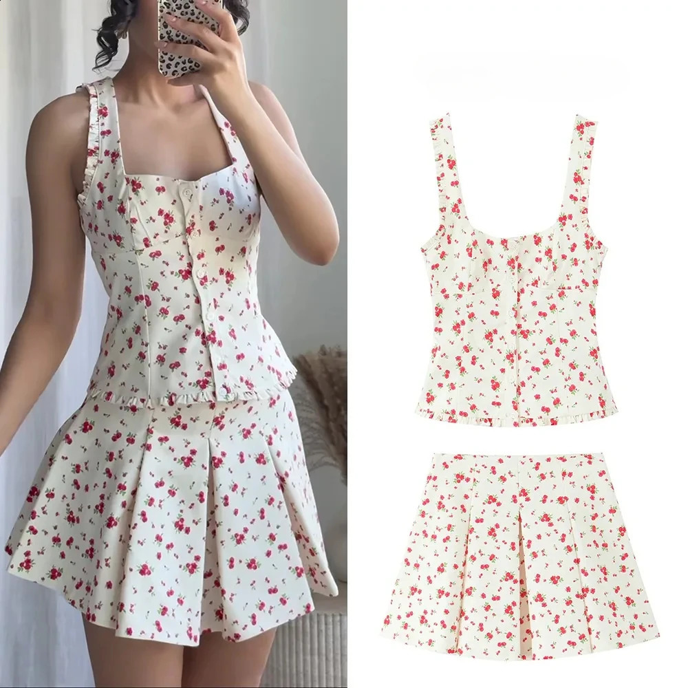 ZBZA Women Floral Print Vest Pleated Skirt Set Square Collar Single Breasted Crop Top High Waist Zip Aline Summer 250318