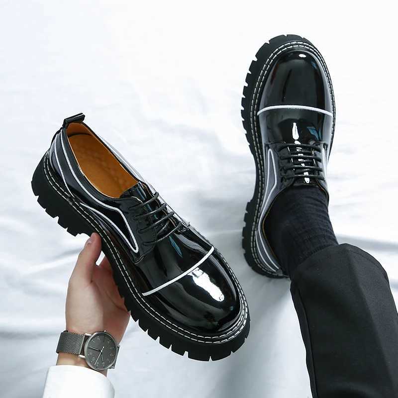 Mens black formal shoe tie shoelaces artificial patent thick soled leather business shoesXJ250319