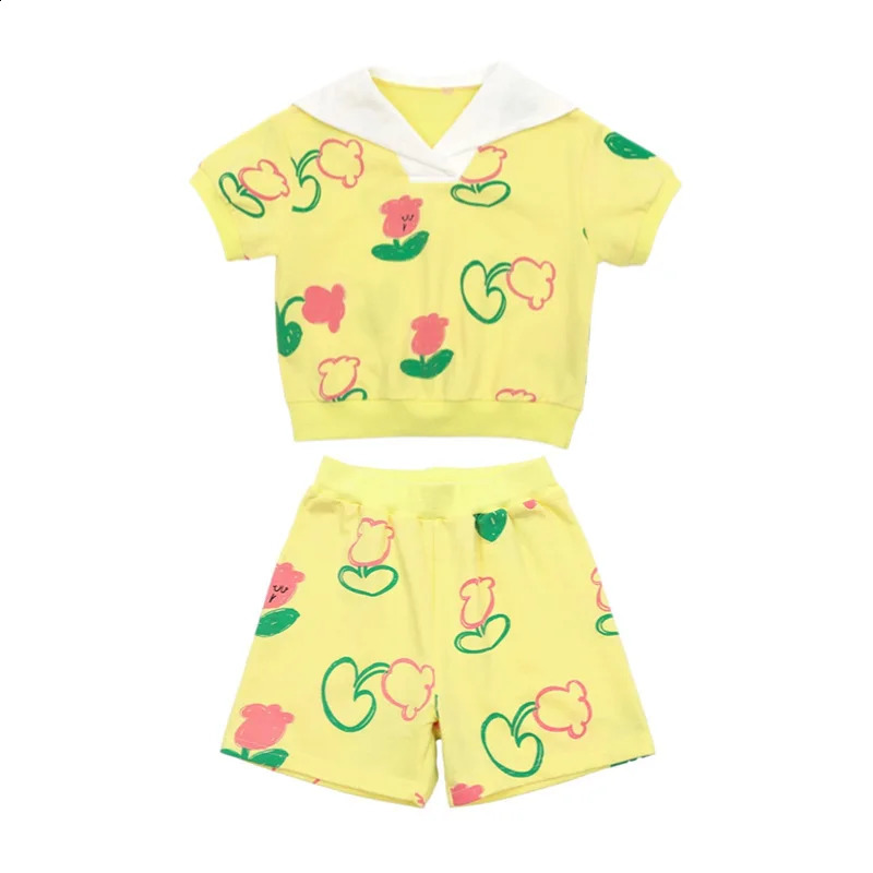Childrens Short-sleeved Suit 2025 Summer Printing Lapel Fashion Boys T-shirt Cotton Sweet Girl Dress Childrens Clothing 250319