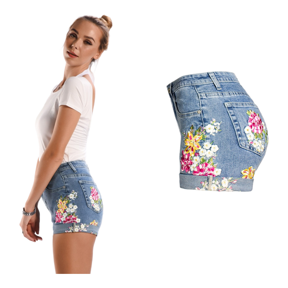 Women's Wide Leg Elastic Super Large 3D Heavy-duty Embroidered Flower Denim Shorts Fashionable And Sexy Hot Pants Women's Shorts