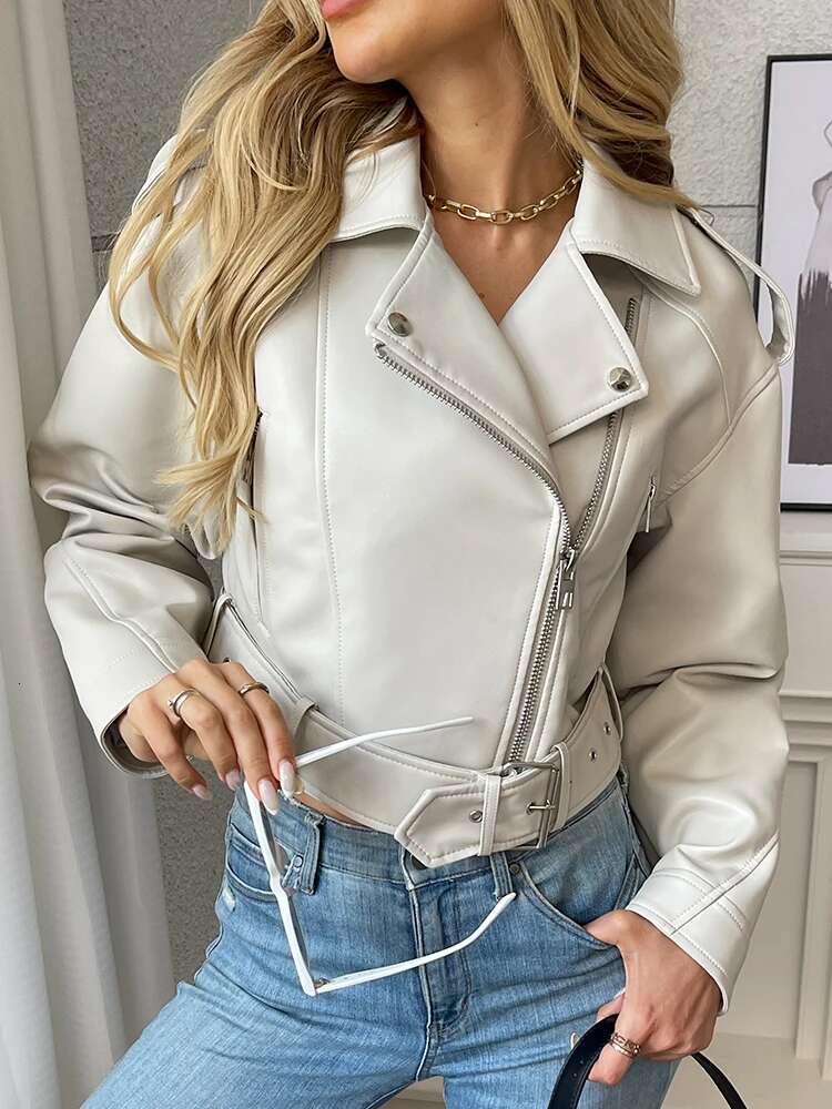Aigo Streetwear Women Loose Moto Biker Pu Faux Leather Jacket Spring Autumn Female Zipper Belt Retro Coat Outwear