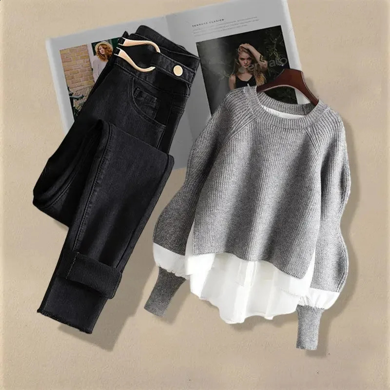 2025 Spring Autumn Vintage Jeans Matching Set Womens Korean Elegant Two Piece Knit SweaterHigh Waist Denim Pants Suit 250319