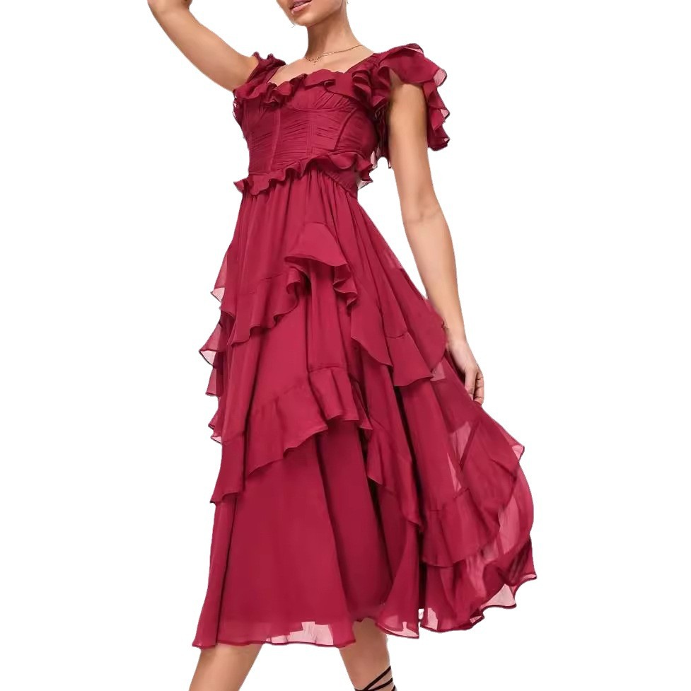 G6155 New style dress holiday dress lace backless hollow cake skirt ruffled pleated long skirt