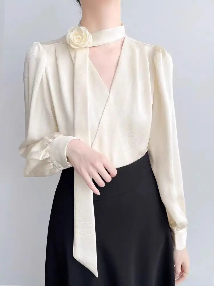 2025 Ladies Clothes French Elegance Rose Bow LongSleeve Blouse Womens Chic SpringAutumn Top Satin High Quality Clothing 250319