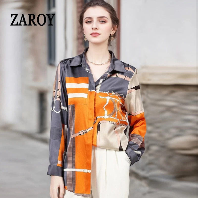 ZAROY Plus Size S3XL Womens Shirt SpringSummer Long Sleeve Fashion Printed Satin Top Elegant Collar Button OL 250319