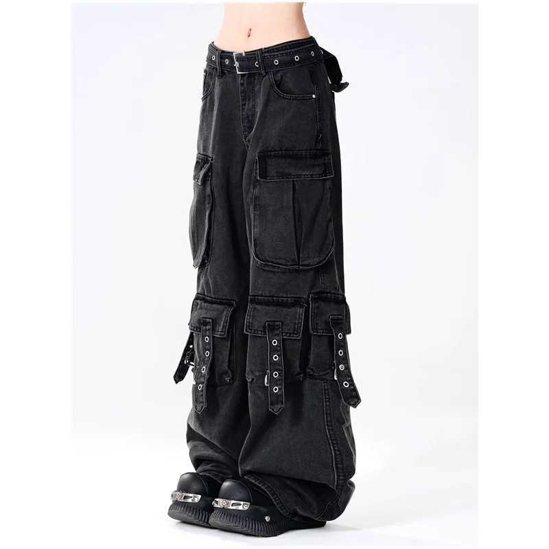 American retro hip-hop high waisted straight jeans 2024 autumn womens casual Y2K Grunge street pocket denim TrouserT250319