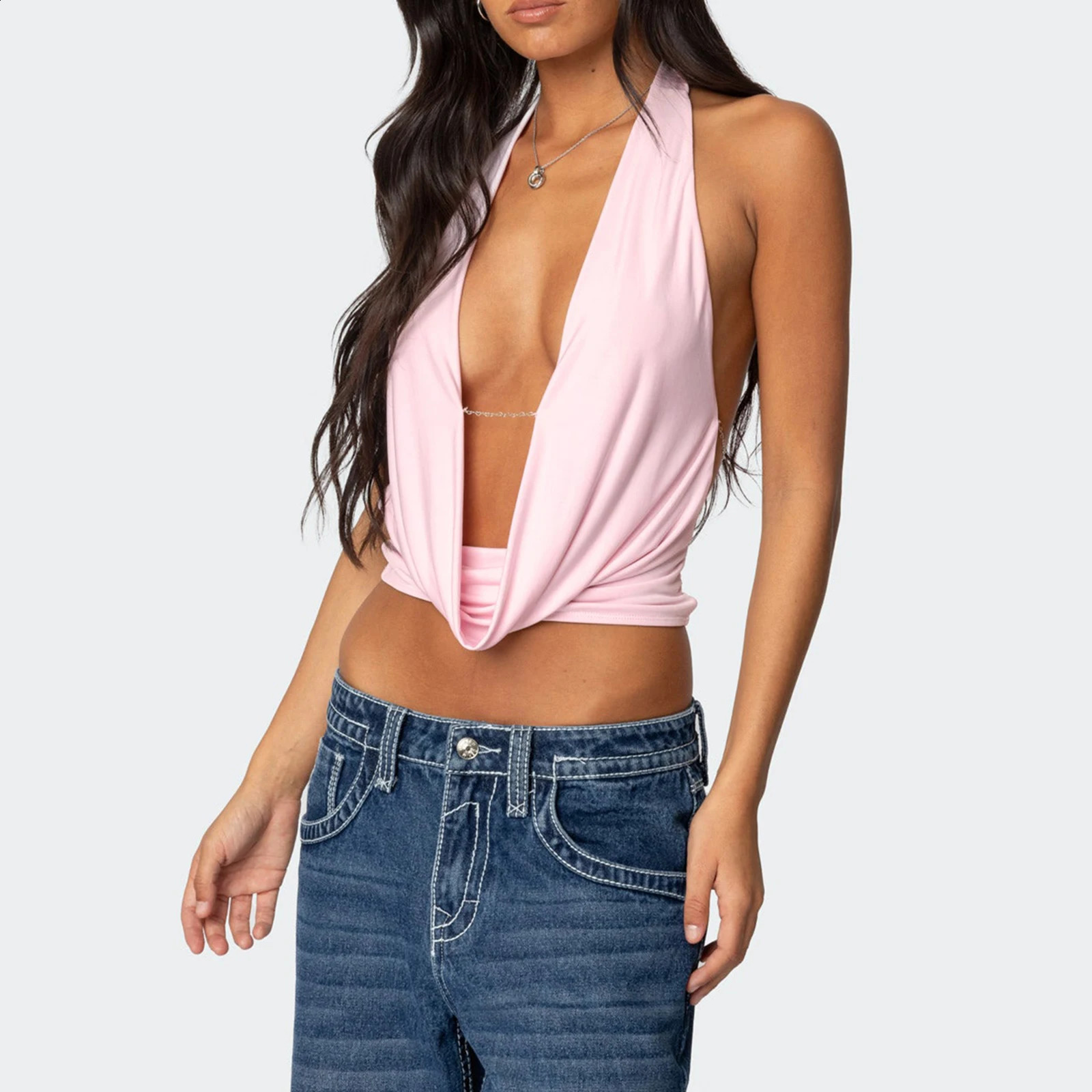 Womens solid color cut camisole collar camisole sleeveless open back deep V-neck slim fit vest top 250314