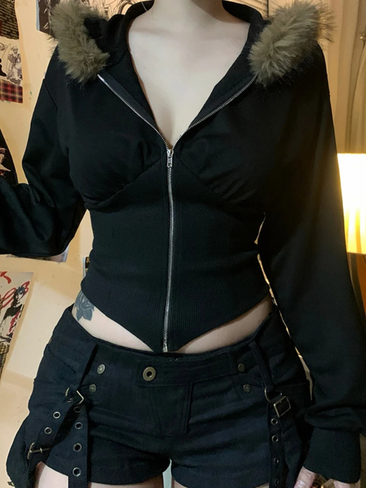 AltGoth retro streetwear Gothic sportswear womens Harajuku cyberpunk fur hem hooded zipper top Y2k Egirl tight corset women 250318