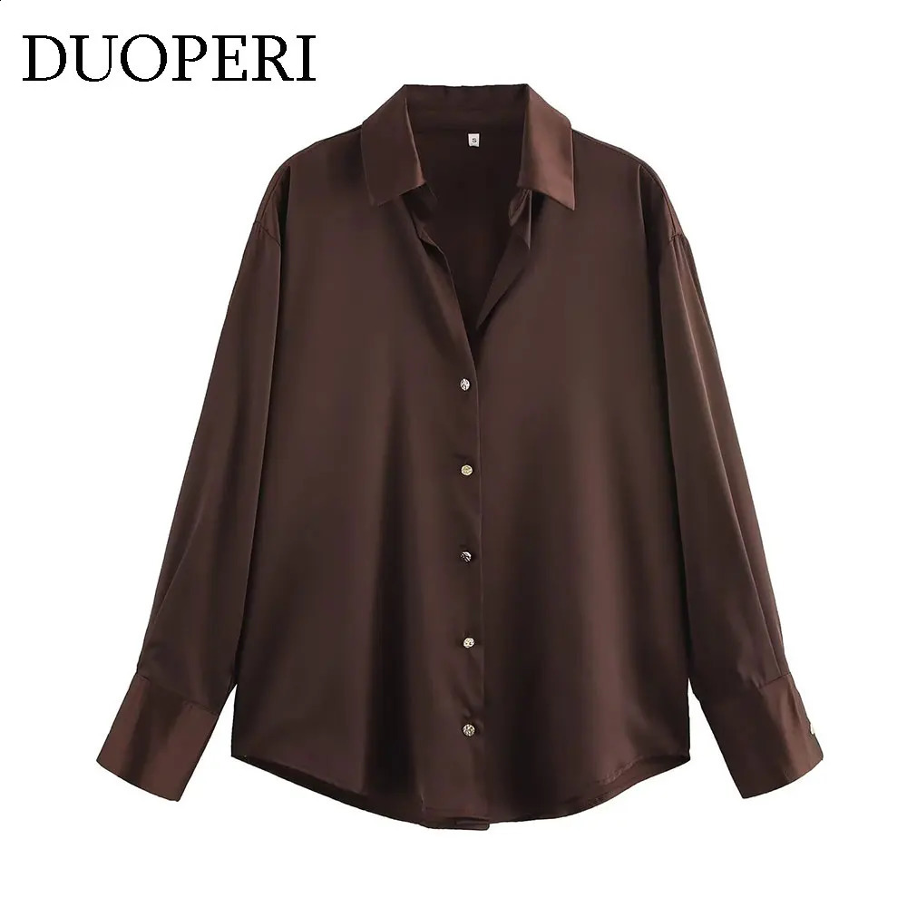 DUOPERI Womens Fashion Satin Brown Shirt with Collar Long Sleeve Retro Clothing 250319