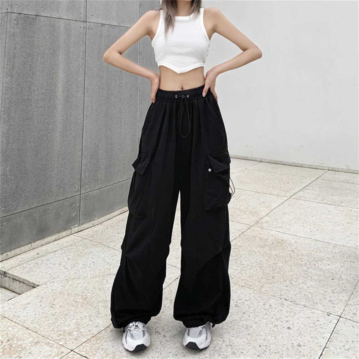Red large pockets goods pants womens high waisted loose streetwear luggage tactical handcart fashionable hip-hop runner womens handcartT250318