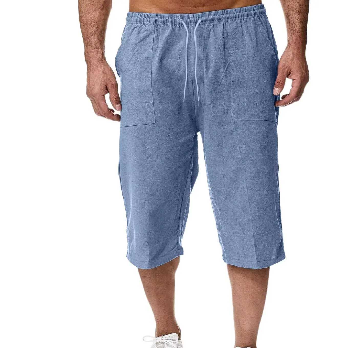 2024 Summer Mens Casual Shorts Cotton Blended Long Elastic Waist Loose Pocket Drawstring 3/4 Length Shorts Daily Street Wear W250319