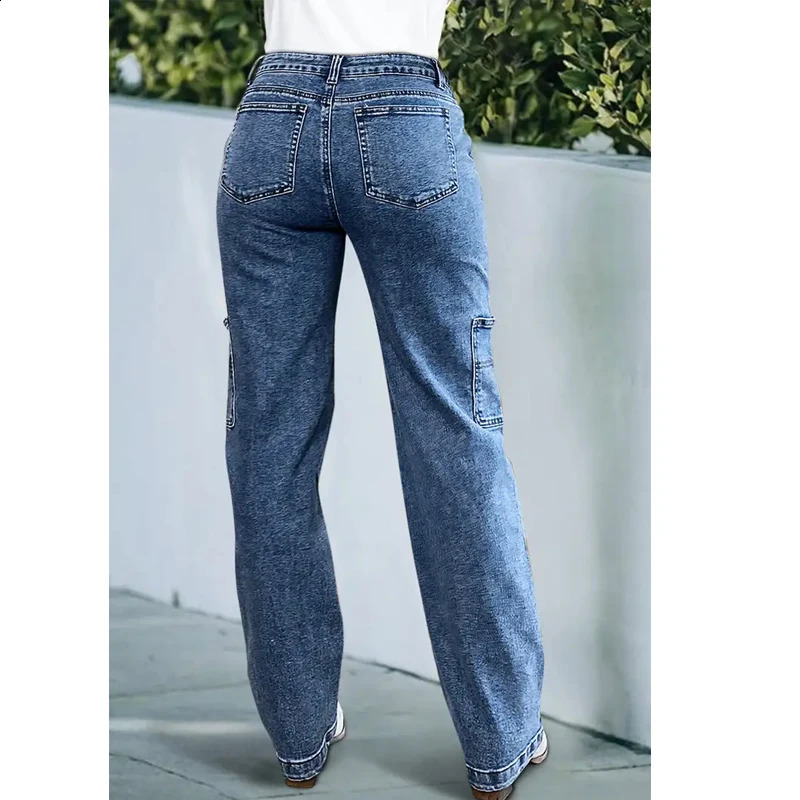 Yellow size high waisted cargo denim pants blue pocket straight leg carpenter tight jeans womens loose Trouser T35 T16 250317
