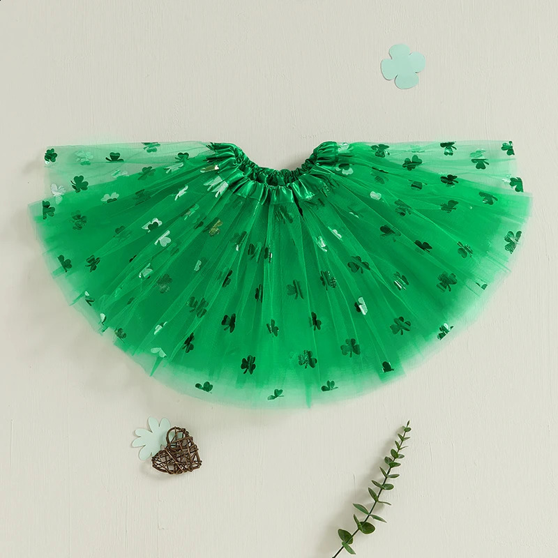 St Patrick s Day Green Clover Print Tutu Skirt for Baby Girls Elastic Waist A-Line Princess Skirt Toddler Outfit Cute Clothes 250319