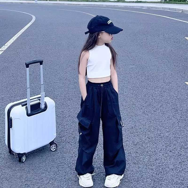 Girls Casual Cargo Pants Kids Solid Colour Sweatpants Children Vintage Streetwear Hip Hop Pants New Elastic Waist Baggy TrousersT250318