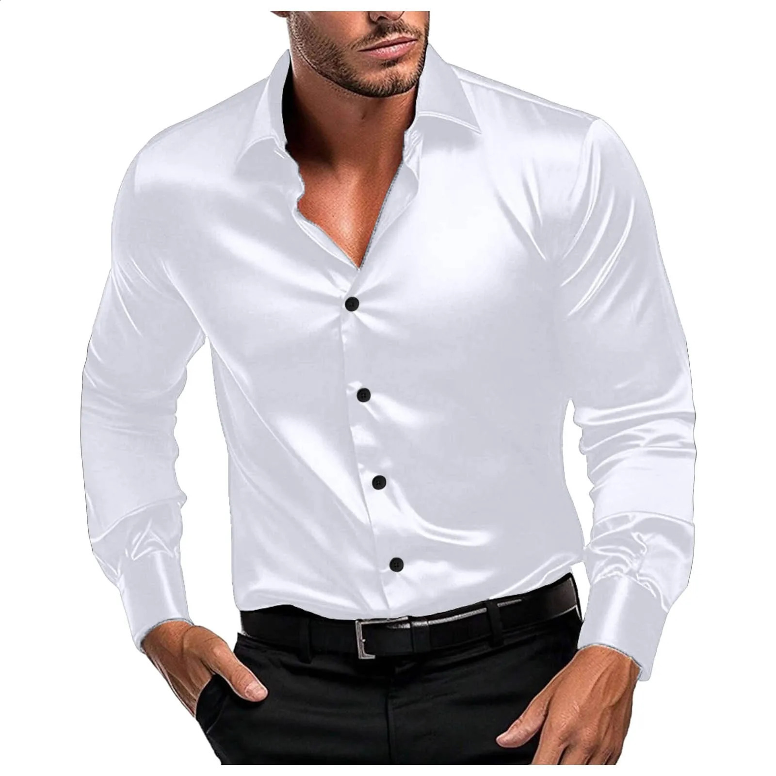 Mens Black Satin Shirt Stretch Wrinkle Formal Wedding Prom Long Sleeve Dress Shirt Casual Bussiness Slim Fit Button Down Shirts 250318