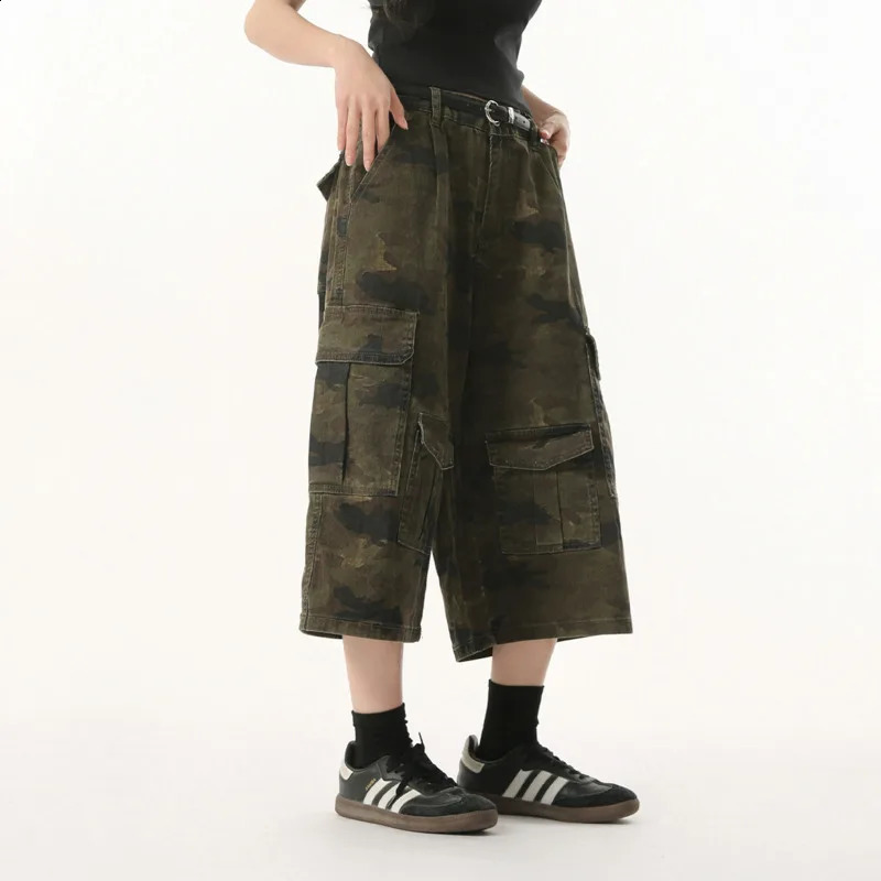 Summer mens retro high waisted wide leg camouflage leggings with multiple pockets multi-functional workwear and straight leg jeans 250317