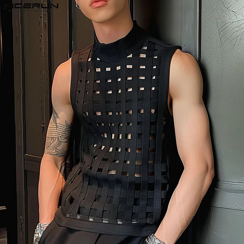 INCERUN Men Tank Tops Hollow Out Solid Color Turtleneck Sleeveless Casual Male Vests Sexy 2024 Streetwear Fashion Clothing 250319