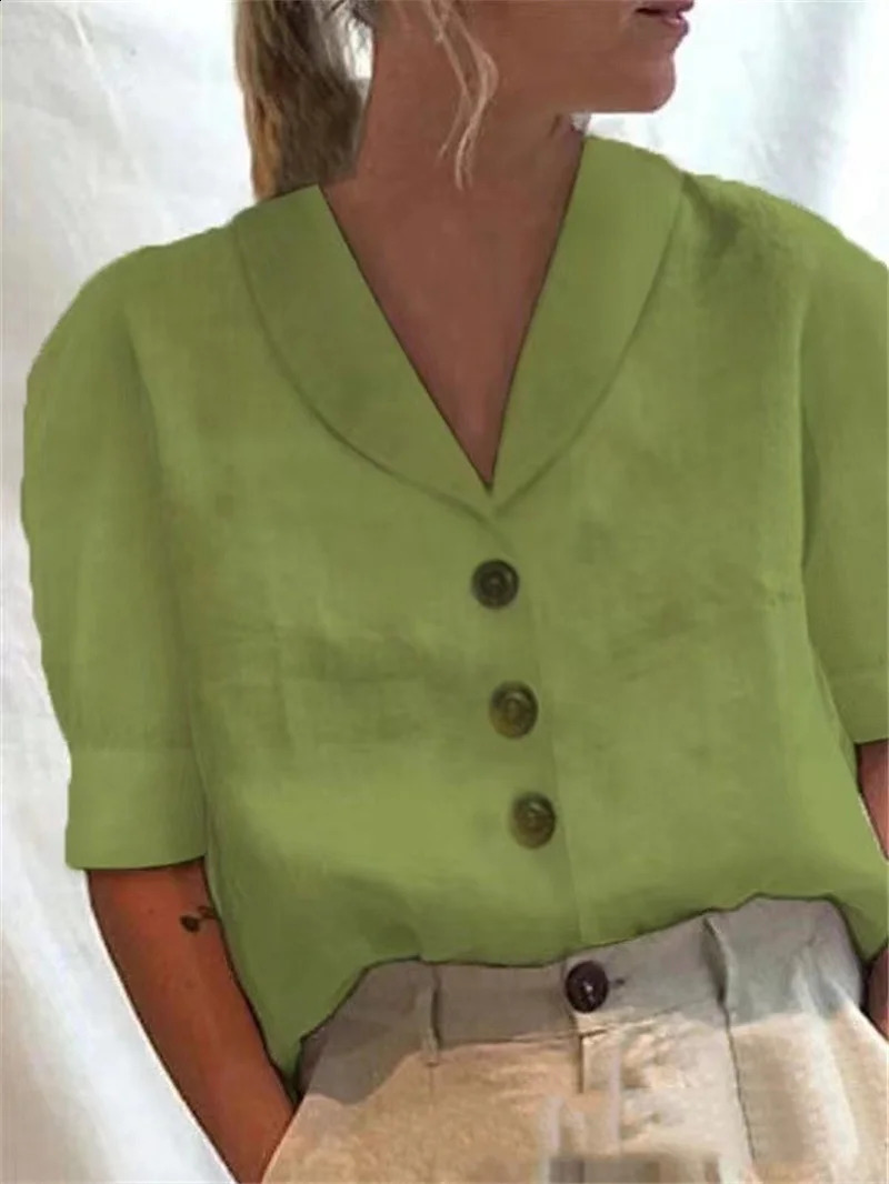 Simple Style Solid Color Cotton Linen Shirt Women Single-breasted Cardigan Lapel Blouse Female Casual Bubble Half Sleeve Top 250318