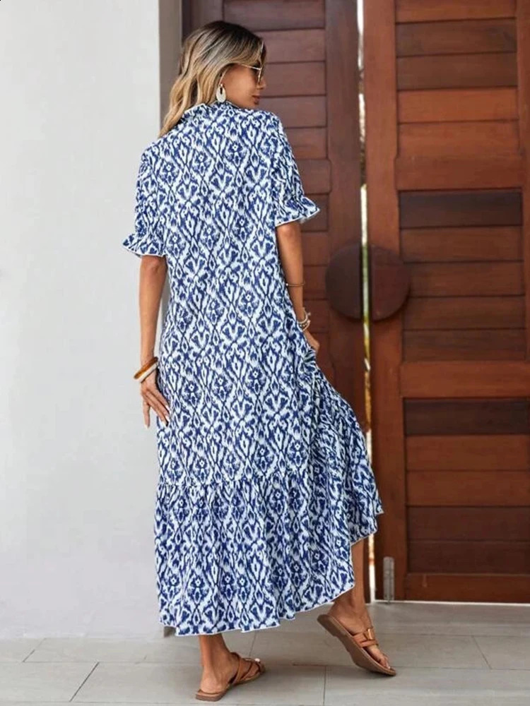 Summer Rotating Bohemian Womens Maxi Dress Casual Short Sleeve A-line Flounce Beach Womens Chiffon Dress Flower Vestidoes Mujer 250314
