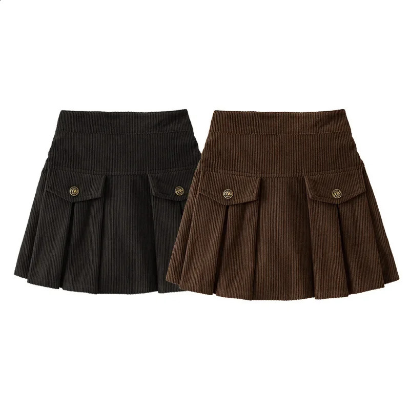 Corduroy Childrens Short Skirt High-waisted Maillard Vintage College Style Pleated Skirt for Girls Autumn Winter A-line Skirt 250319
