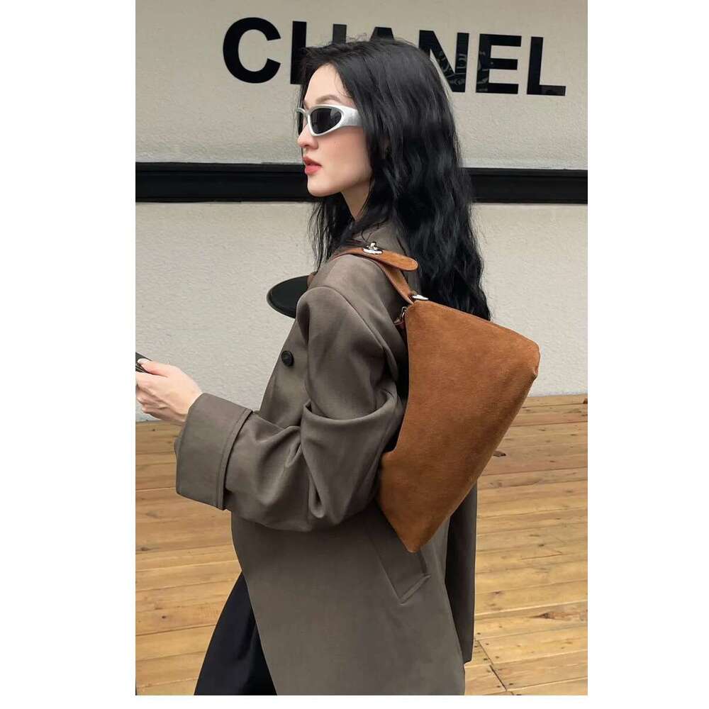 Women Niche Suede Pouch Underarm Bags Retro Matte Cowhide Shoulder Crossbody Handbag Trendy Bag