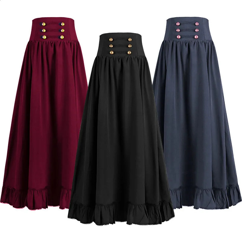 Women Maxi Skirt Vintage Summer High Waist A Line Victorian Long Skirt Steampunk Gothic Ruffled Hem Pleated Party Skirts 250313